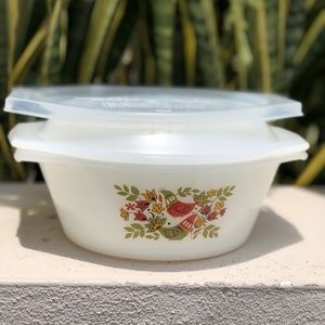 Arcopal French Hen Milk Glass Round Casserole Dish Floral Patterned Lid Vintage